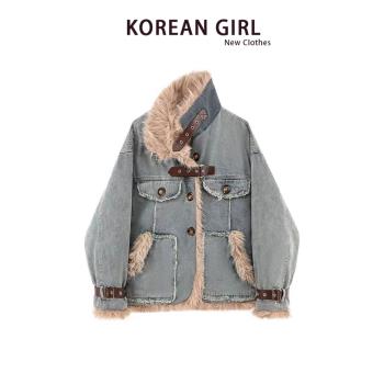 復古牛仔羊羔毛棉服女冬季新款高階感寬松加厚拼接毛毛絨棉襖外套
