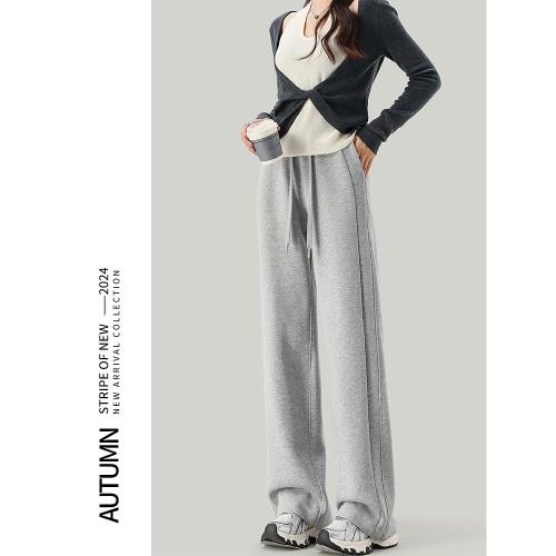 唐獅集團DESSO灰色窄版闊腿褲女秋冬加絨高腰寬松休閑直筒運動褲