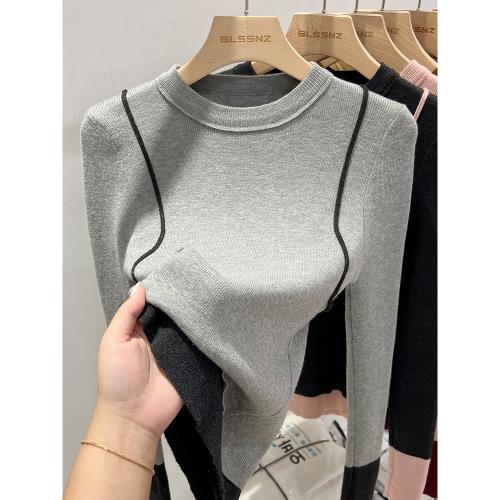 撞色圓領針織衫女2025春款女裝歐貨設計感小眾上衣打底衫內搭毛衣