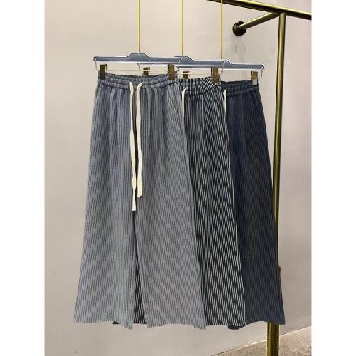 呢子褲女春秋細條紋窄版直筒長褲休閑抽繩寬松緊腰豎條毛呢闊腿褲