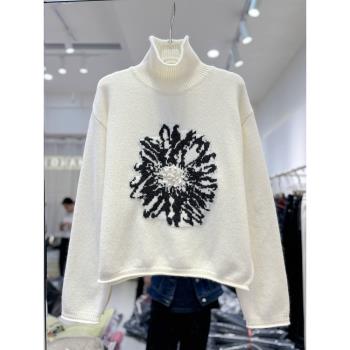 歐貨山羊絨衫女提花毛衫高階感針織衫高領打底衫內搭寬松卷邊毛衣