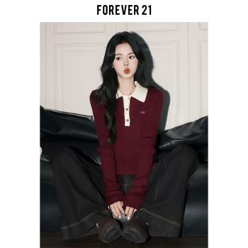 Forever 21紅色休閑polo領針織上衣女冬氣質chic修身內搭打底毛衣
