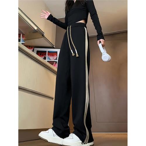 美式側邊條紋褲子女秋冬加絨加厚直筒運動衛褲那不勒斯垂感休閑褲