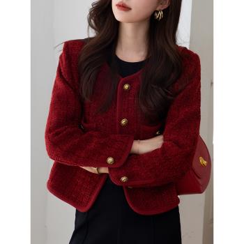 小香風內膽粗花呢酒紅色羽絨服