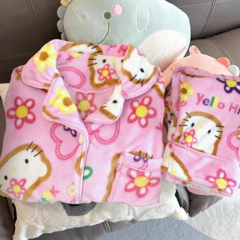 睡衣女加絨加厚珊瑚絨秋冬季ins可愛凱蒂貓學生宿舍法蘭絨家居服