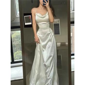 禮服高階輕奢小眾白色緞面吊帶連衣裙女夏大碼性感中長款小禮服裙