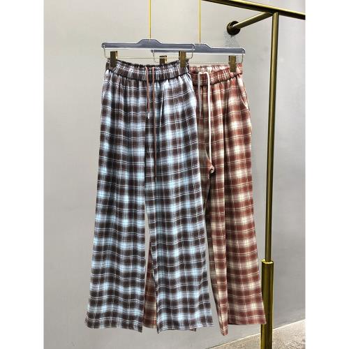 蘇格蘭格子褲女秋冬歐貨英倫復古垂感直筒長褲加絨加厚慵懶闊腿褲