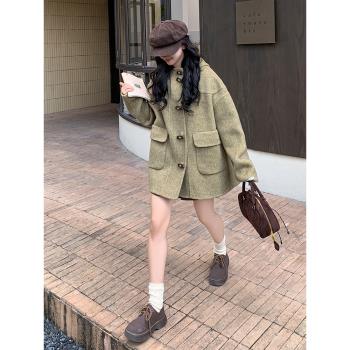 鹹菜綠連帽雙面羊絨大衣女2024年秋冬季新款牛角扣學院風毛呢外套