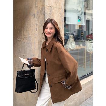美拉德穿搭麂皮絨外套女2024秋季新款小個子設計感美式復古夾克衫