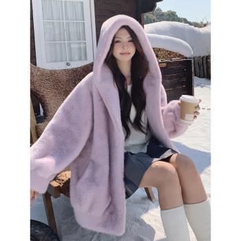 韓版時尚奶fufu紫色毛毛外套女2025冬季新款顯瘦保暖連帽加厚棉服