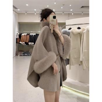 秋冬季新款高階感斗篷雙面呢羊毛大衣女羊絨外套狐貍毛領毛呢外套