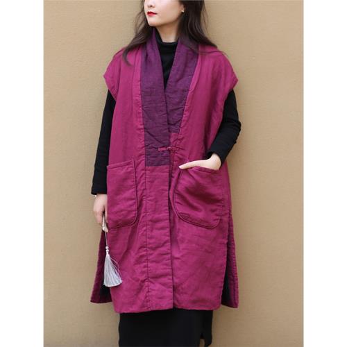 25早春季新款原創設計棉麻女裝中長款夾棉民族風保暖馬甲坎肩棉衣