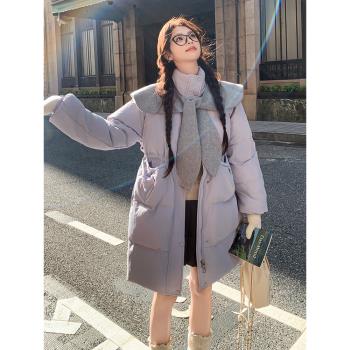 韓系減齡娃娃領披肩羽絨服女2024年冬季新款顯瘦中長款白鴨絨外套