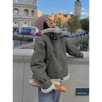麂皮絨皮毛一體羊羔毛外套女秋冬短款加絨加厚機車服綠色工裝大衣