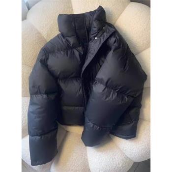 黑色短款羽絨服女2024年新款冬季90白鴨絨小個子麵包服外套加厚