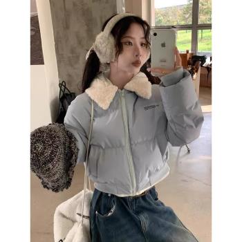 美式復古羊羔毛翻領短款棉服外套女冬季小個子加厚保暖棉衣麵包服