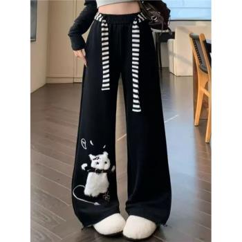 可愛小貓刺繡休閑衛褲女2024秋冬加絨加厚寬松設計感闊腿運動長褲