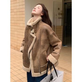 麂皮絨皮毛一體羊羔毛外套女冬季2024新款短款小個子加厚保暖棉衣