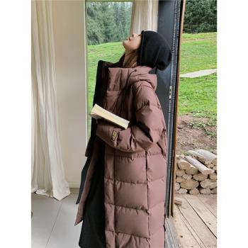 咖色連帽情侶羽絨服女冬中長款2025新款韓版加厚麵包服白鵝絨外套