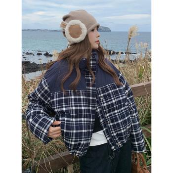 韓版時尚格子短款羽絨服女2025年冬季新款顯瘦加厚白鴨絨立領外套