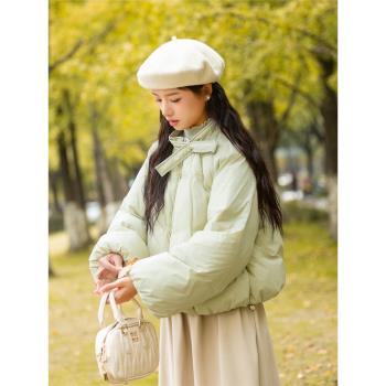 素色左岸加絨加厚綠色短款羽絨服女設計感小眾冬季新款白鴨絨外套