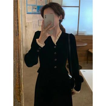 法式高階感輕奢小眾生日聚會晚禮服年會宴會赫本風黑色絲絨連衣裙