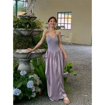 生日party小禮服高階輕奢小眾聚會成人禮紫色針織拼接吊帶連衣裙