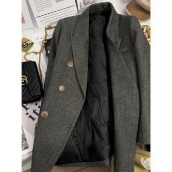 ROUJE MOSMOS高階感灰色羽絨服中長款羊毛呢人字紋西裝外套女秋冬
