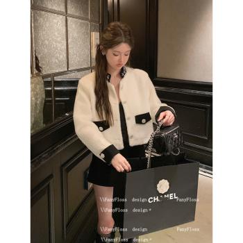 FanyFloss小香風白色釘鉆羊毛呢毛毛短外套女秋法式氣質亮片開衫