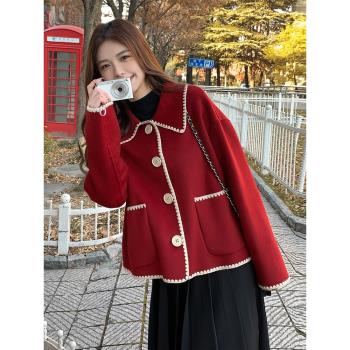 小香風紅色短款氣質加厚呢子外套