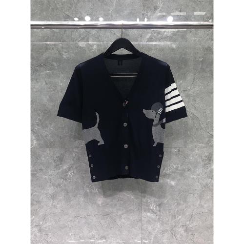 TB短袖針織開衫女學院風夏季新款四條杠小狗圖案V領百搭寬松外搭