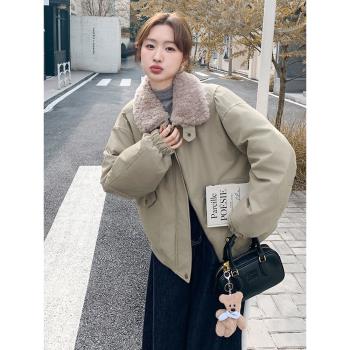 休閑羊羔毛領羽絨服棉服外套女冬季2024新款短款超好看派克服棉衣