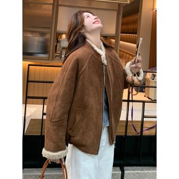 咖色麂皮絨皮毛一體羊羔毛外套女冬季2024年新款加絨加厚棉服爆款