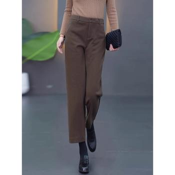 小個子咖色西裝褲女2024秋冬加厚毛呢褲子高腰顯瘦窄版休閑直筒褲