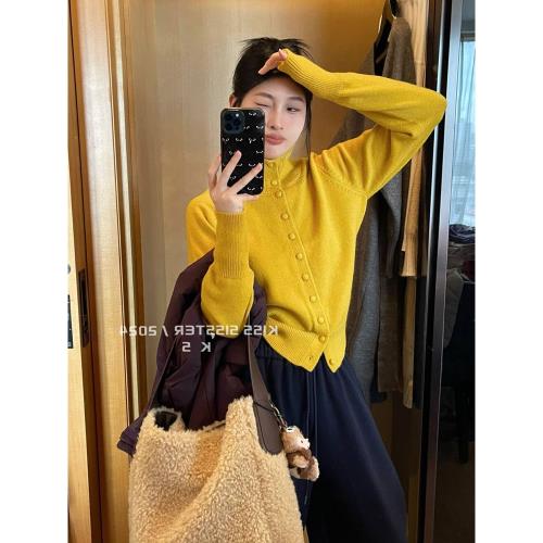 復古黃色高領羊絨針織開衫女秋冬新款韓版小個子軟糯顯瘦毛衣外套