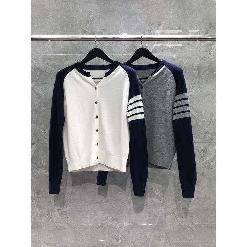 潮牌tb針織女開衫插肩袖拼色四道杠修身圓領男女情侶短款毛衣外套