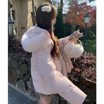 甜美淺粉色狐貍毛大毛領連帽羽絨服女2025年冬新款保暖白鴨絨外套