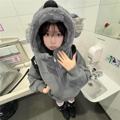 美式灰色小個子連帽衛衣女2025年新款設計感街頭寬松開衫加厚外套