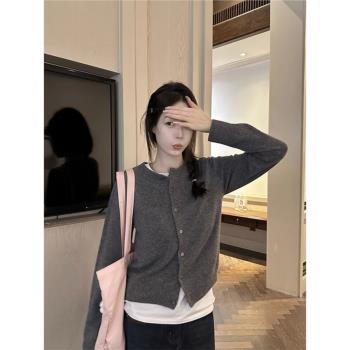 灰色圓領復古羊絨針織開衫女春秋新款小個子氣質修身顯瘦毛衣外套