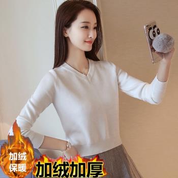 v領短款加絨毛衣女加厚一體絨秋冬 小個子內搭針織打底衫媽媽上衣