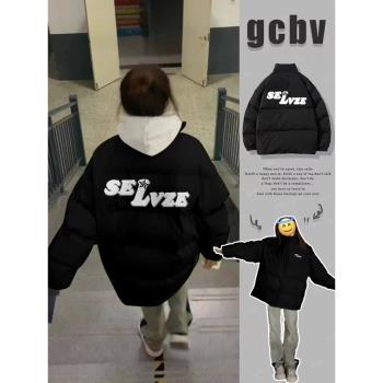 美式hiphop黑色冬季棉服女小個子麵包服加厚棉襖寬松棉衣情侶外套