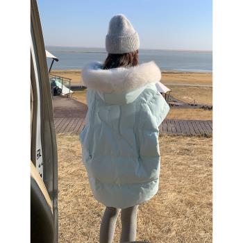 90白鴨絨羽絨服女冬中長款2025新款小個子學院加厚藍色麵包服外套
