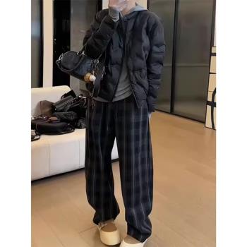 加絨加厚格子闊腿褲女冬季新款胖mm大碼高腰寬松顯瘦直筒休閑長褲