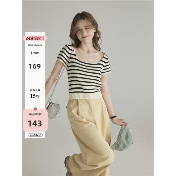 三十三【黑白idea】方領黑白條紋薄款針織短袖女夏季韓版氣質上衣