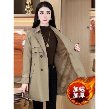 加絨加厚風衣女2024秋冬新款時髦洋氣顯瘦中長款小個子百搭厚外套