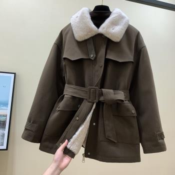 韓國收腰加絨派克棉服女中長款2024冬季新款寬松兔毛加厚棉衣外套