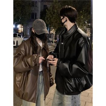 情侶裝棉服女2024年新款冬季夾棉加厚外套棉襖翻領PU皮衣夾克棉衣