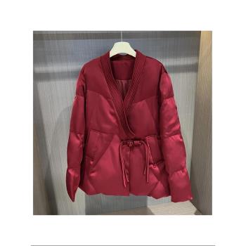 新中式國風緞面無領寬松盤扣年味氣質羽絨服女秋冬新款保暖外套潮