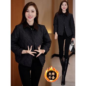 茉莉高定時尚輕薄羽絨棉服女2024冬季新款休閑菱形格翻領棉衣外套
