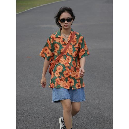 BUBU 復古港風古巴領花花襯衫設計感小眾夏威夷印花短袖男女襯衣